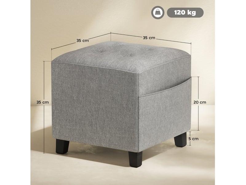  Pouf carré 35x35x35 cm avec poche latérale tissu aspect lin gris clair  - Conforama E