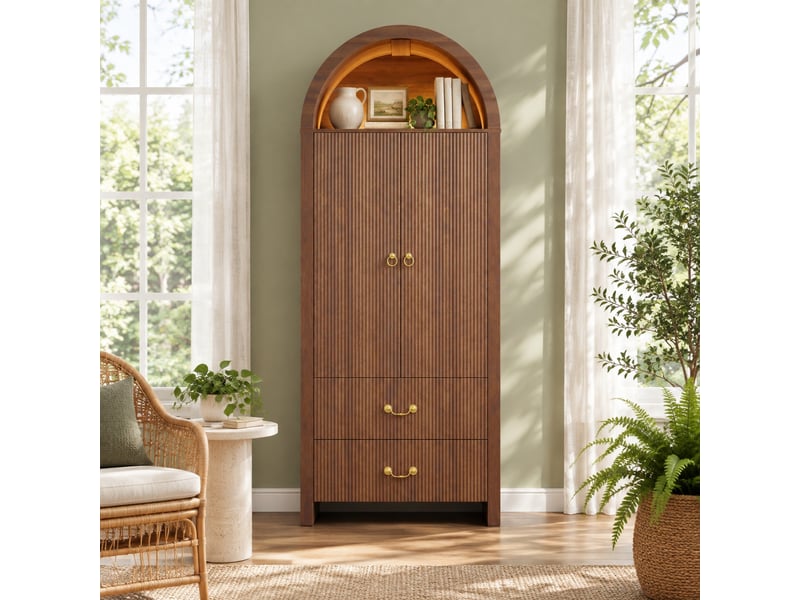 Buffet haut tcqpz 76 x 38 x 180 cm led réglable par application 2 portes 2 tiroirs mdf panneaux de particules noyer  - Conforama D