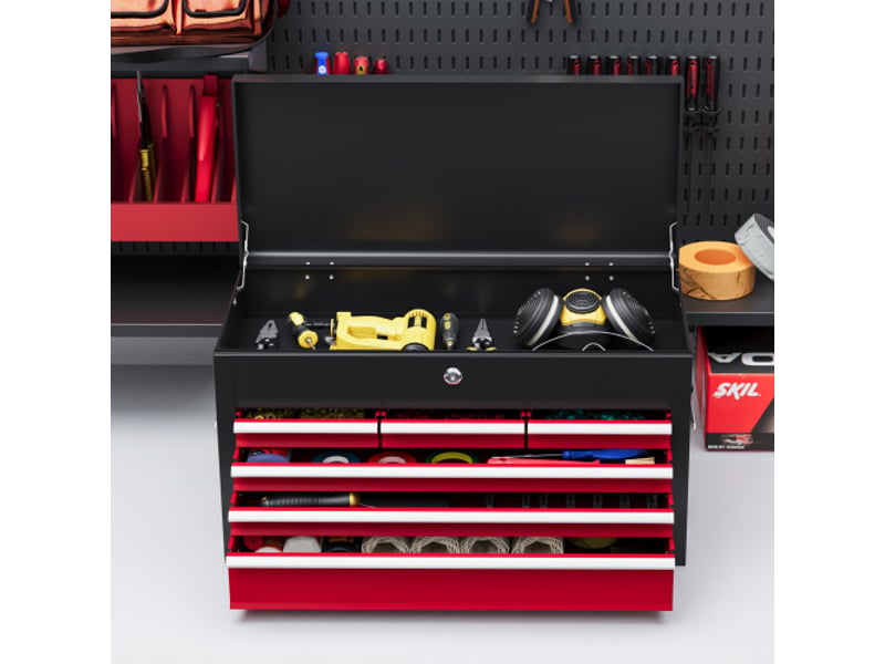  Caisse à outils en acier rouge et noir 60 × 26 × 34 cm, 6 tiroirs, serrure et poignée, rangement sécurisé  - Conforama B