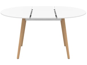 Table à manger extensible ronde angela 4-8 personnes blanc pied bois 110 - 150 cm