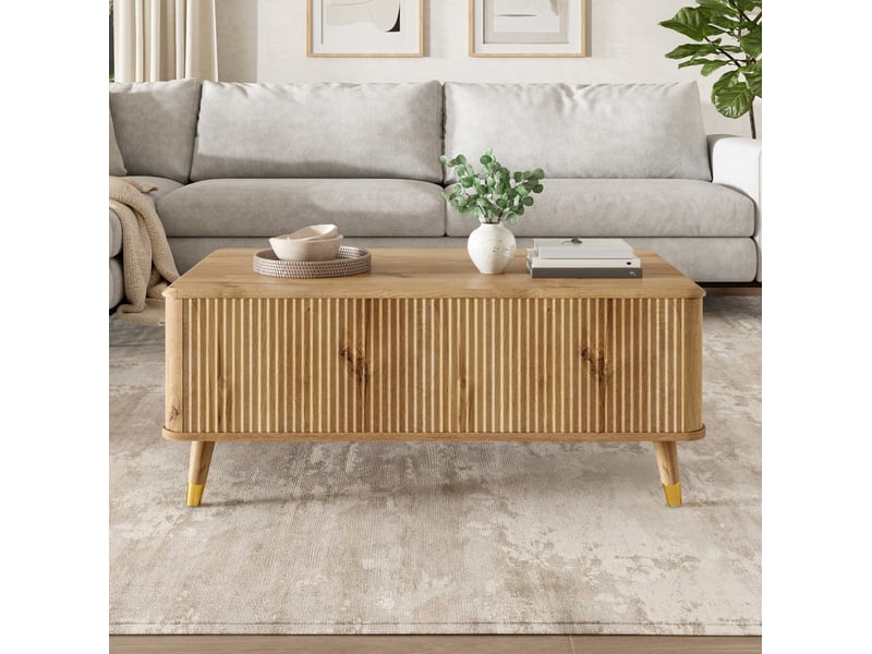 Table basse relevable avec coffre de rangement, mécanisme hydraulique, style rétro en mdf naturel 97 × 52 × 56,5 cm - Conforama D