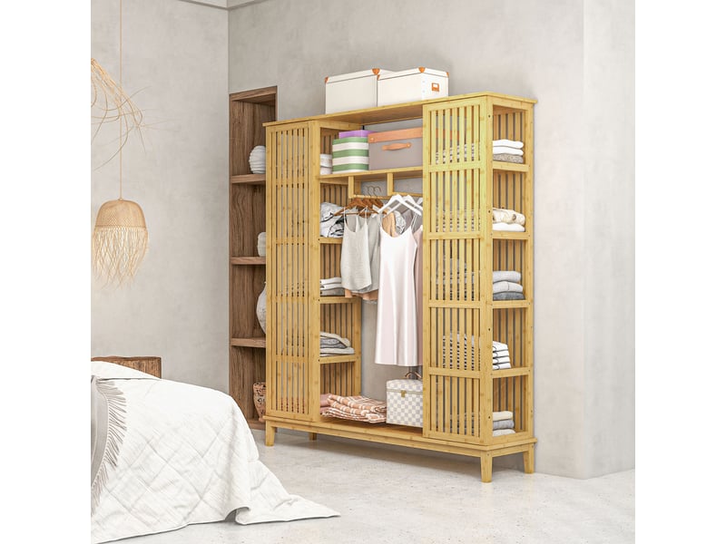  Armoire en bambou avec 2 portes coulissantes, étagères et tringle, grande armoire pour la chambre, 145 x 35 x 165cm  - Conforama C
