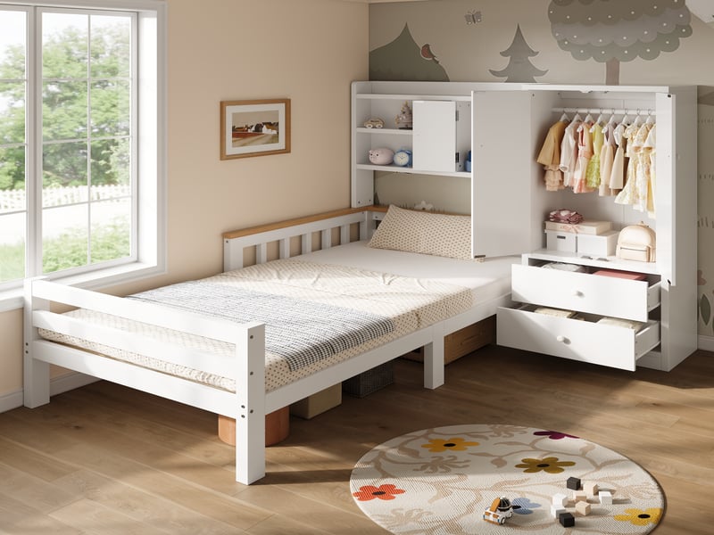  Lit enfant 90x200 cm avec armoire, rangements, tiroirs, étagères ouvertes, multifonction gain de place, chambre, blanc  - Conforama B