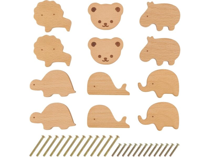  Set de 12 poignées en bois en forme d'animaux, poignées décoratives pour chambres d'enfants, tiroirs et portes avec vis  - Conforama E