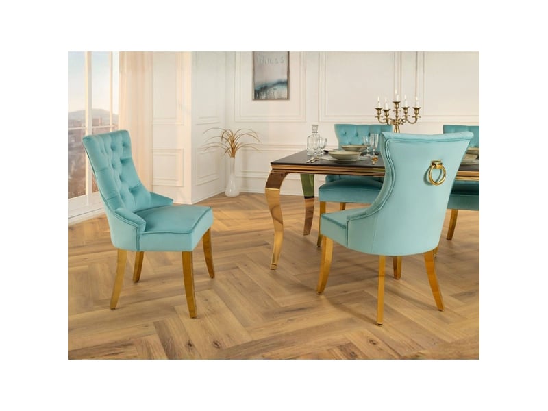 Lot de 2 chaises chesterfield regina bleu turquoise en velours capitonné – anneau et pieds dorés  - Conforama D
