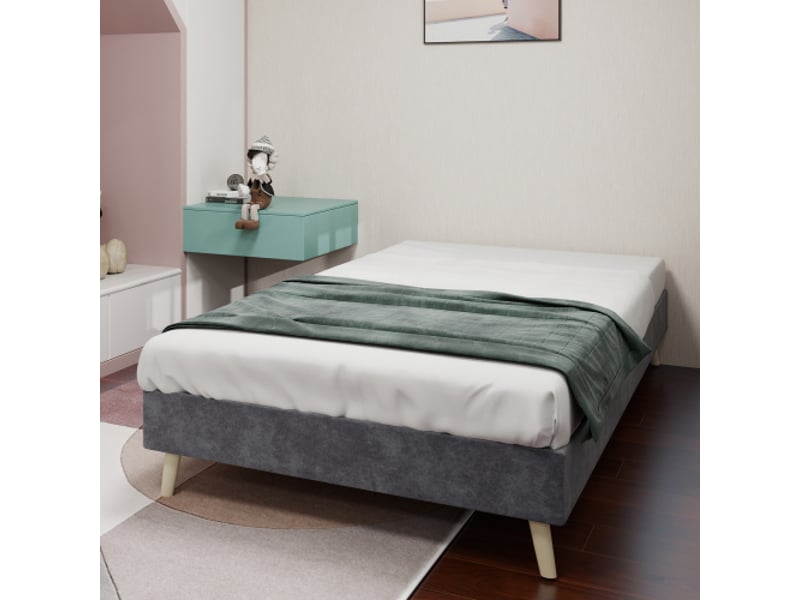  Lit coffre 90x200 cm, avec tête de lit vendue séparément, en tissu et métal, gris, sans matelas  - Conforama E