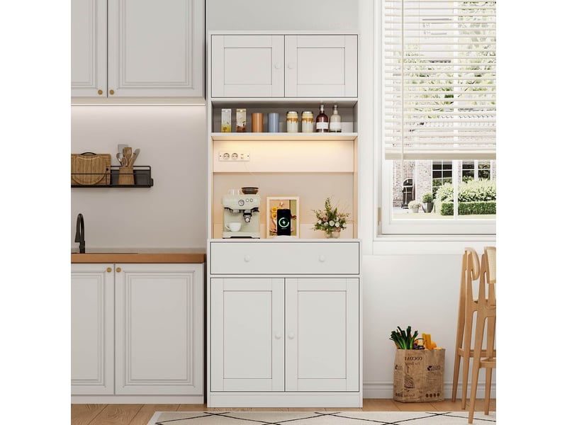Armoire de cuisine 180 cm blanche, meuble de cuisine avec led et armoire avec grand tiroir, multiprise intégrée - Conforama W