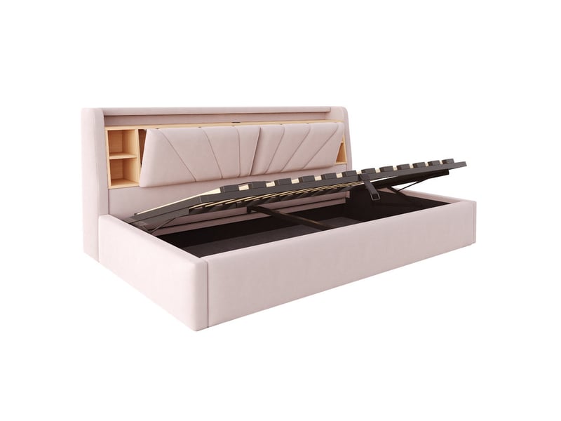 Lit coffre rembourré 90 x 200 cm – avec étagères – avec compartiments de rangement – ​​avec éclairage led et port usb – rose (matelas non inclus)  - Conforama W