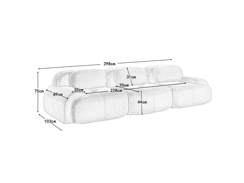  Canapé 3 places modulable en tissu velours côtelé,confort hautement élastique,accoudoirs galbés,base anti-dérapant,l298cm,gris 298x103x75cm - Conforama E