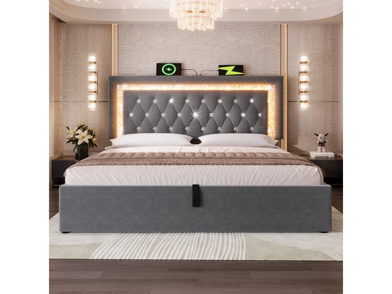  Lit coffre double 160x200 cm - lit avec led diamant, usb et rangement hydraulique, sommier à lattes, velours gris - sans matelas  - Conforama E