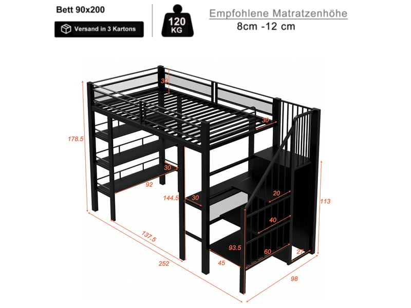  Lit mezzanine 90x200 cm avec bureau, rangements et éclairage led, noir  - Conforama C