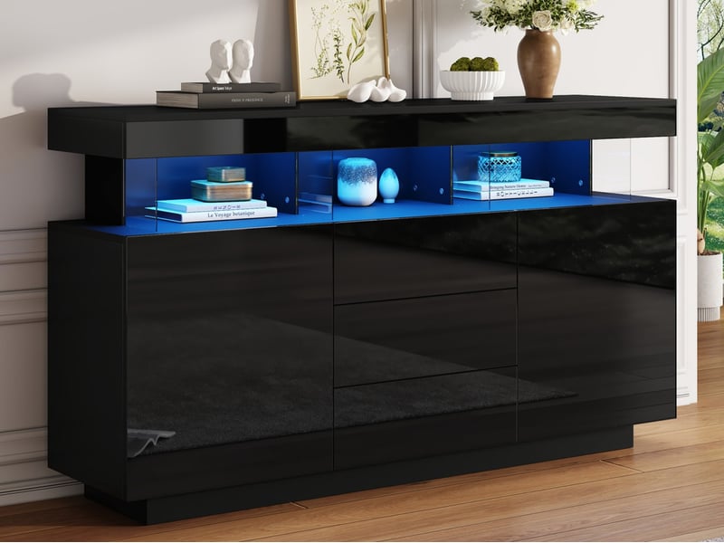  Buffet, 140 x 35 x 80 cm, bahut meuble de rangement avec lumineuse led, pour salle à manger, cuisine et couloir, noir  - Conforama B