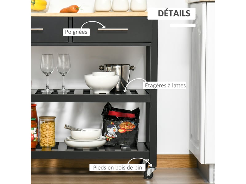  Chariot de service desserte de cuisine à roulettes 2 étagères 2 tiroirs bois noir naturel  - Conforama R