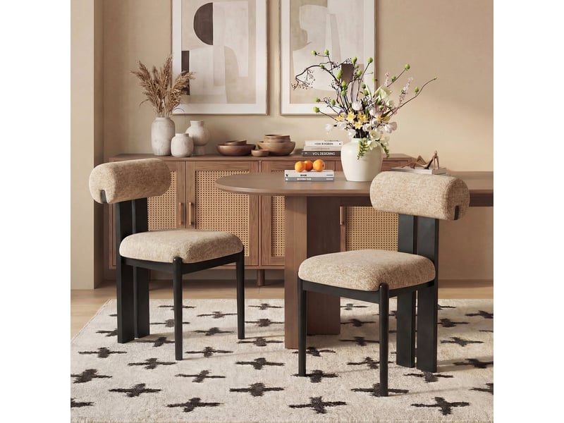  Lot de 2 chaises de salle à manger modernes, dossier cylindrique, cadre en bois, pieds noirs, pour cuisine et salle à manger, marron  - Conforama C