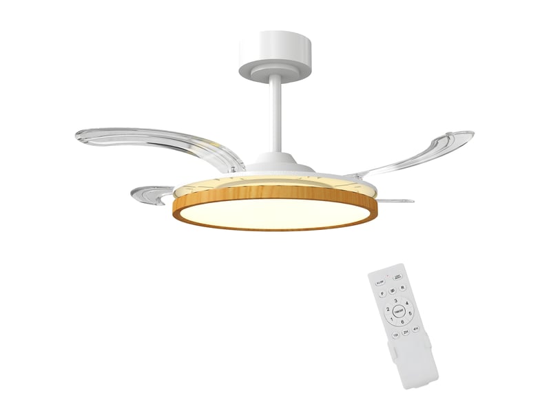  Ventilateur de plafond avec éclairage led, moteur cc 80 w, télécommande réversible, 6 vitesses, minuterie, ø 95 cm, couleur naturelle  - Conforama B