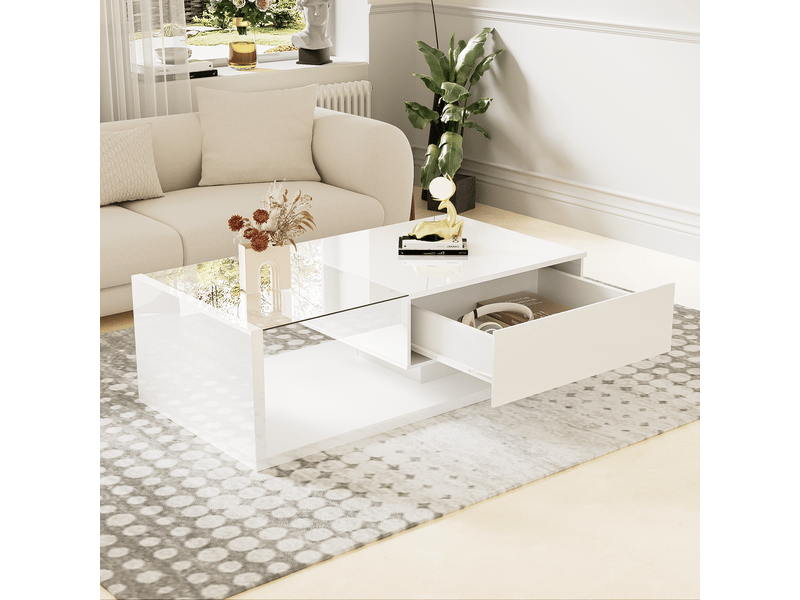  Table basse avec niche et led réglable, plateau en verre trempé, blanc laqué, en panneaux de particules - uvrion  - Conforama D