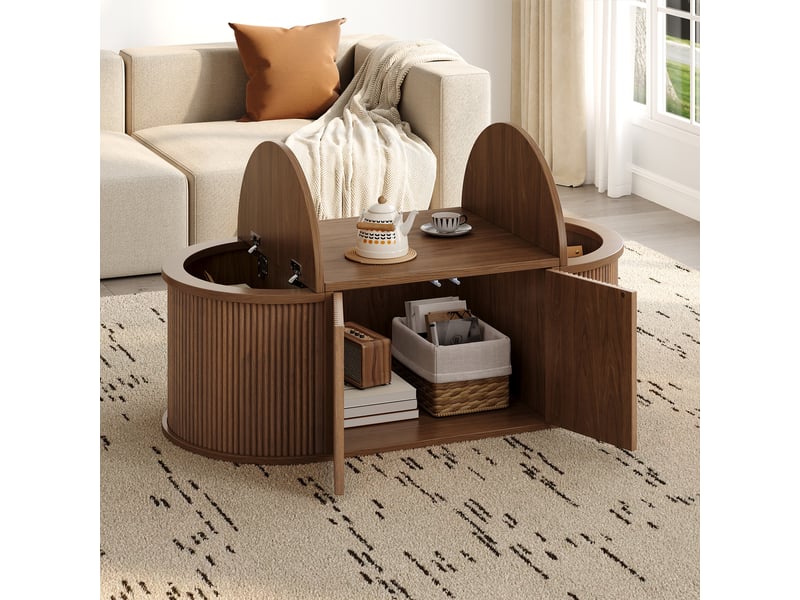 Table basse ovale 100 cm avec rangements, coffres latéraux à couvercles, 2 portes battantes à pression, mdf et panneaux de particules, décor noyer Luxe haut de gamme - Conforama B