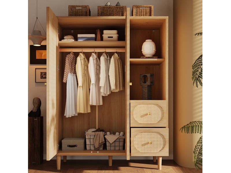  Armoire penderie 120x48x161 cm – chêne – 2 portes, 2 tiroirs, étagères ouvertes avec tringle en bois  - Conforama D