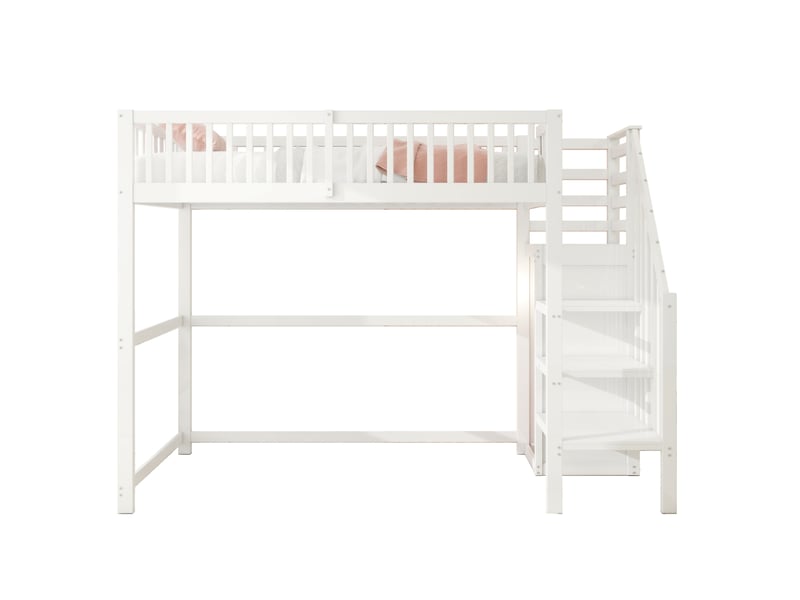 Lit mezzanine 90x200 cm avec escalier et placard en bois blanc - Conforama A