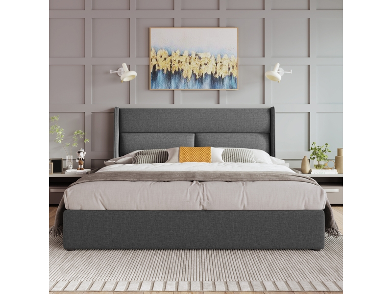  Lit coffre gris 160x200 cm avec matelas inclus et tête de lit réglable  - Conforama R