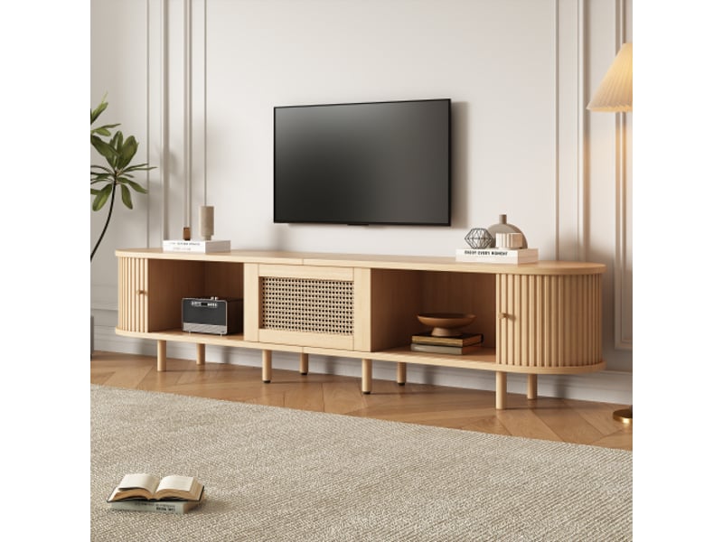 Meuble tv 180x40x40 cm - meuble bas arrondi avec porte à rideau et tiroir, mdf, pour tv jusqu’à 75 pouces - bois naturel - Conforama D