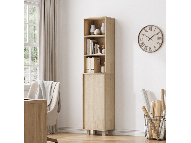  Armoire de salle de bain haute avec étagères ouvertes et rangements fermés, finition chêne, 35 × 30 × 162,5 cm  - Conforama B