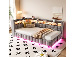 Lit coffre ulevr 90 x 200 cm avec rangement hydraulique, étagères en bois, led, prise électrique, usb et type-c, velours gris clair