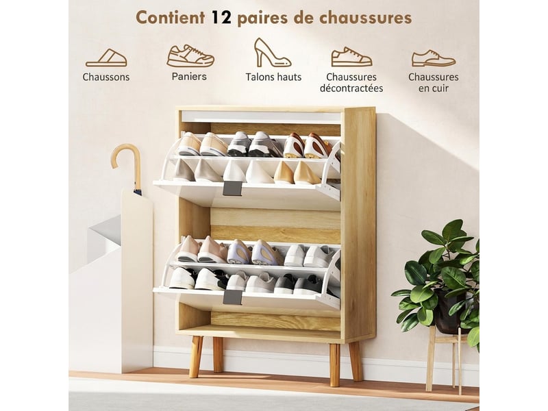  Meuble à chaussures 2 tiroirs rabattables mdf blanc et coloris chêne 60 x 24 x 91 cm  - Conforama E