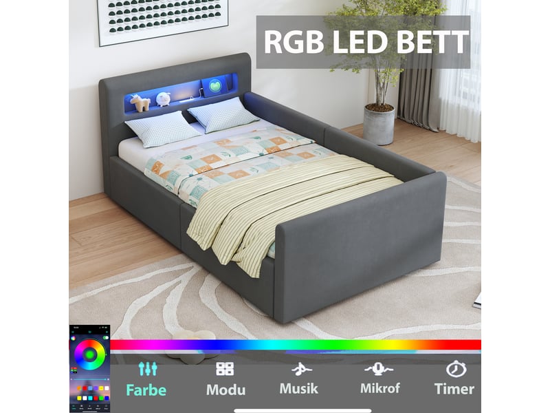  Lit coffre enfant 90x200 cm, led, port usb, espace de rangement, sommier, velours gris foncé, sans matelas  - Conforama E