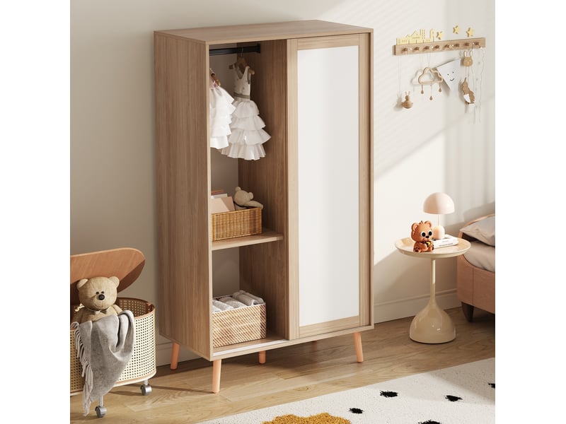  Armoire enfant à 2 portes coulissantes, naturel et blanc, 80 x 46 x 141,5 cm  - Conforama B