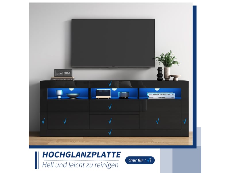  Meuble tv avec 2 portes, 2 tiroirs et 3 niches led pour salon 160×35×60 cm en panneaux de particules noir  - Conforama D