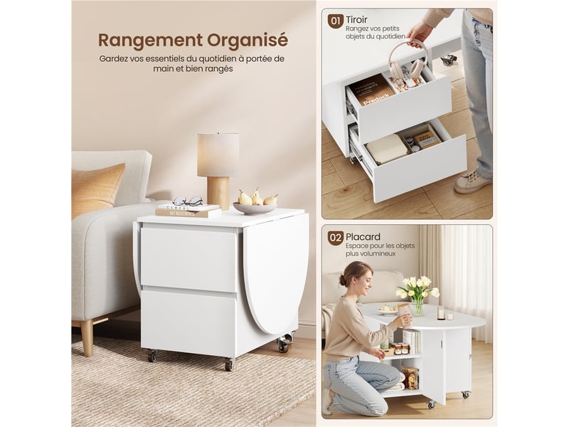  Table basse extensible 3-en-1 4080120x60x50,5 cm avec roulettes et rangement 616416 White - Conforama D