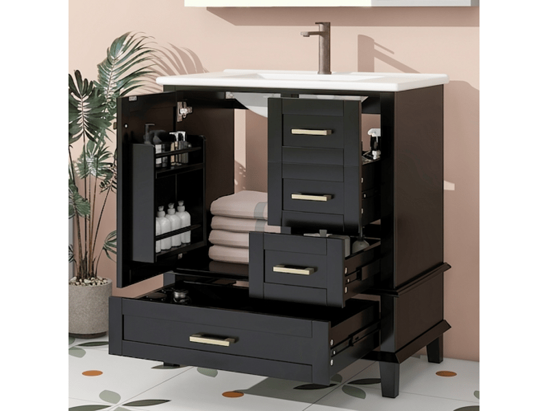  Meuble salle de bain noir 76 cm avec vasque céramique et 3 tiroirs  - Conforama B