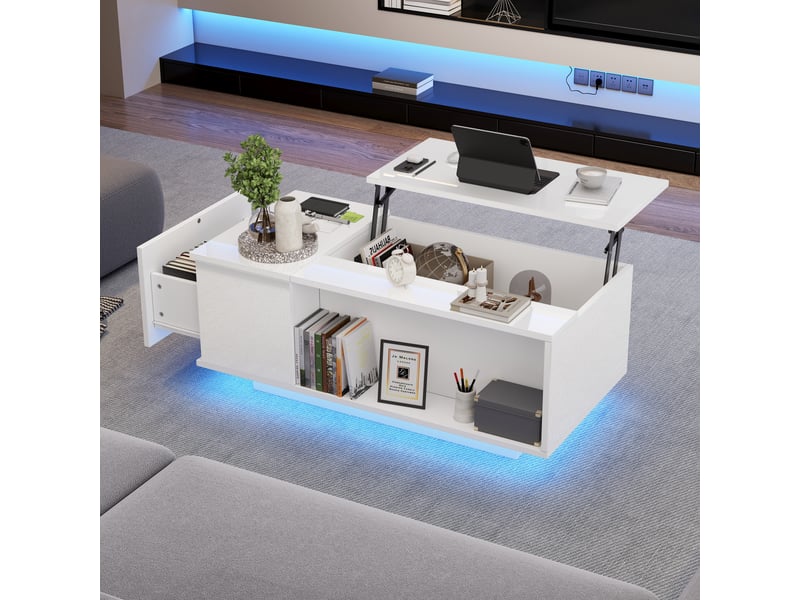 Table basse relevable avec 1 tiroir et rangement caché, led, plateau semi-ouvert, pour salon, blanc, 100 x 50 x 40 cm - Conforama B
