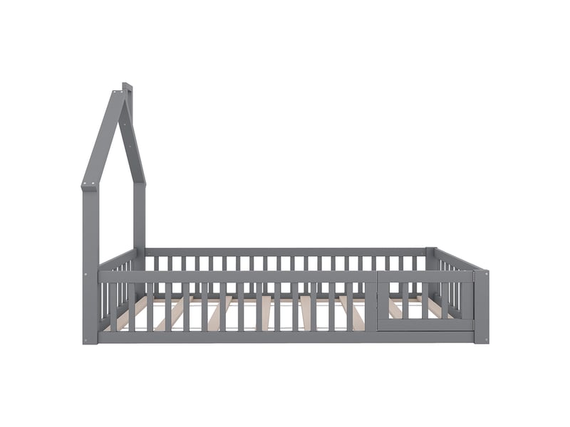  Lit cabane enfant 90 x 200 cm - lit avec sommier à lattes - bois massif - garde-corps sécurité - design cheminée - gris  - Conforama E