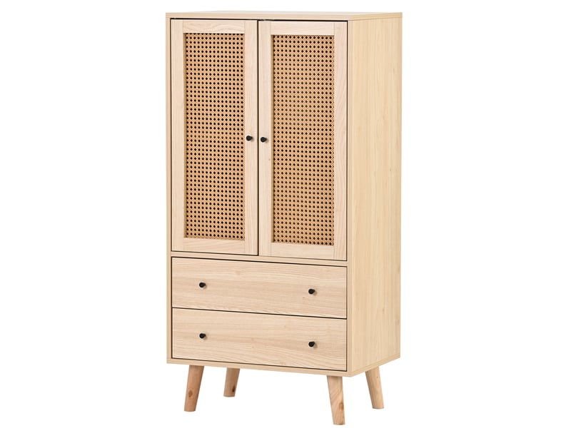  Buffet haut chêne 120 cm commode en bois et rotin 2 portes 2 tiroirs  - Conforama R