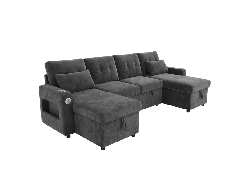 Canapé d’angle convertible en u 266 x 131 x 85 cm 4 places, double méridienne, coffre, porte-gobelets, led, usb, rangement accoudoirs, gris Bliss Lite - Conforama A