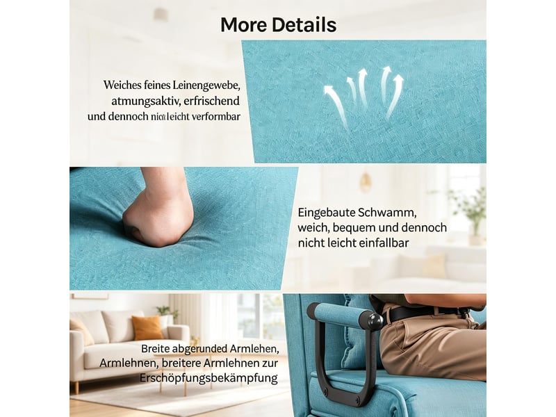 Fauteuil convertible 3-en-1 avec dossier réglable 5 positions, coussin amovible en lin bleu, 190 × 74 × 26 cm - Conforama E