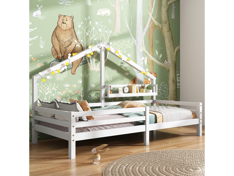  Lit cabane enfant 90x200 en bois avec étagère de rangement, cadre de lit style scandinave blanc avec barrière, 206x97x138cm  - Conforama C