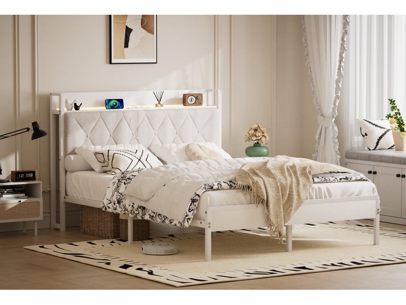  Lit double 140 × 190 cm tête de lit rembourrée, led, prises et usb, rangement sous lit, blanc 140 × 208 × 99,5 cm  - Conforama E
