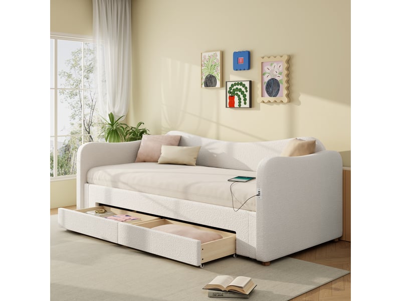  Lit gigogne 90 × 200 cm extensible 180 × 200 cm, 2 tiroirs, usb et type-c, bouclé beige  - Conforama C