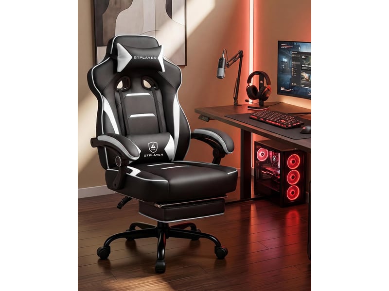  Gtplayer chaise de jeu avec repose-pieds, 180kg, soutien lombaire, appui-tête réglable, inclinable à 155° - blanc F59-WT-TJ - Conforama B