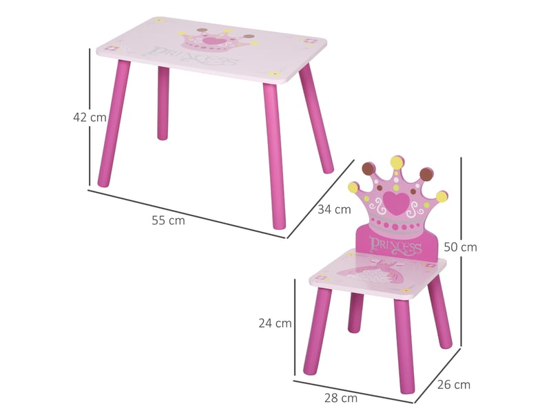  Ensemble table + 2 chaises enfant 3 pièces, pieds bois massif, motif couronne, 2-4 ans, rose.  - Conforama D