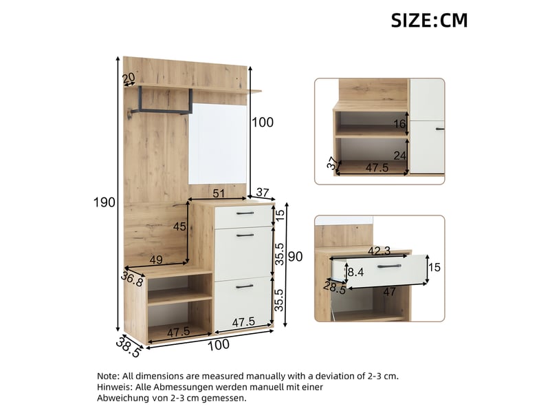 Vestiaire d'entrée avec banc à chaussures et miroir, meuble de couloir compact 100cm, porte-manteau blanc et bois, rangement gain de place - Conforama D