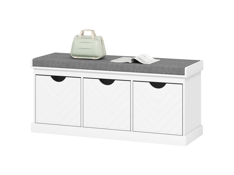  Banc chaussures entrée, banc de rangement avec 3 tiroirs amovibles et coussin rembourré en tissu aspect lin, blanc  - Conforama B