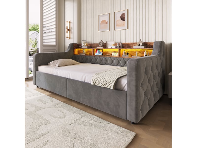 Lit 1 place 90x190 cm en velours gris foncé avec led, usb, type-c, 2 tiroirs, tête de lit de rangement, sans matelas - Conforama E