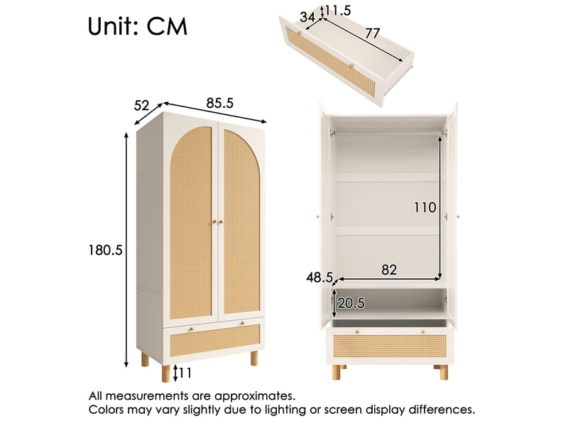  Armoire 2 portes avec tiroir, étagères réglables et penderie, blanche 180,5 cm  - Conforama C