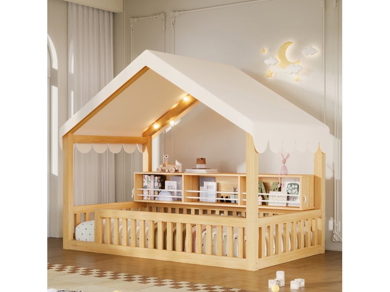  Lit cabane enfant 90 × 200 cm 1 place avec éclairage led, étagère et barrières, sans matelas, en bois, naturel  - Conforama B