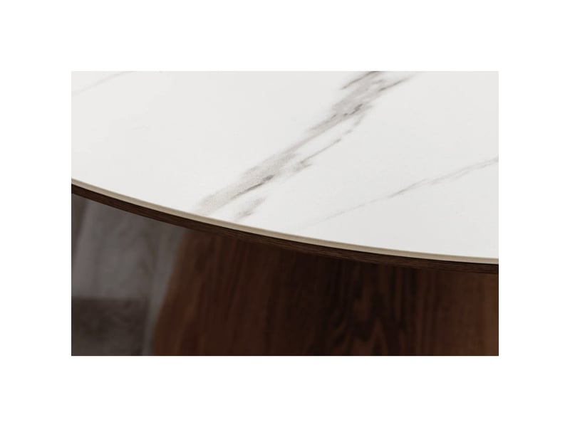  Table de salle à manger lumea – ronde 120 cm – plateau céramique effet marbre blanc – pied plaqué en noyer – style contemporain  - Conforama E