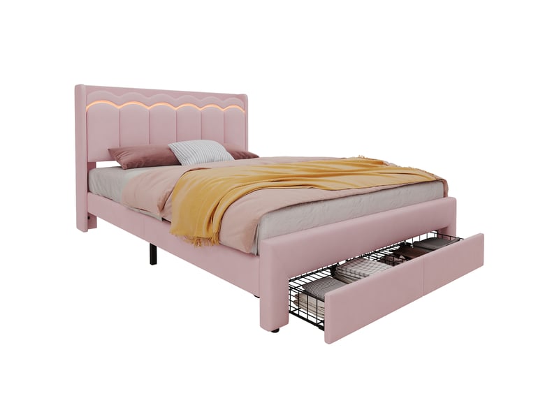  Lit enfant 140 × 200 cm 2 places, 2 tiroirs, led pilotée par application et étagère, sans matelas, velours rose  - Conforama A